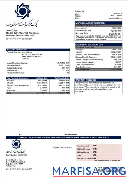 Downloadable Iran Central Bank of Iran mortgage statement Word and PDF template